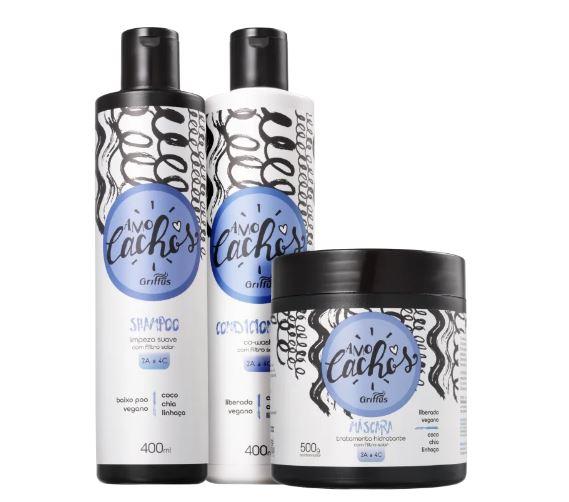 Amo Cachos Chia Flaxseed Coconut Vegan Curly Wavy Treatment Kit 3 Prod - Griffus