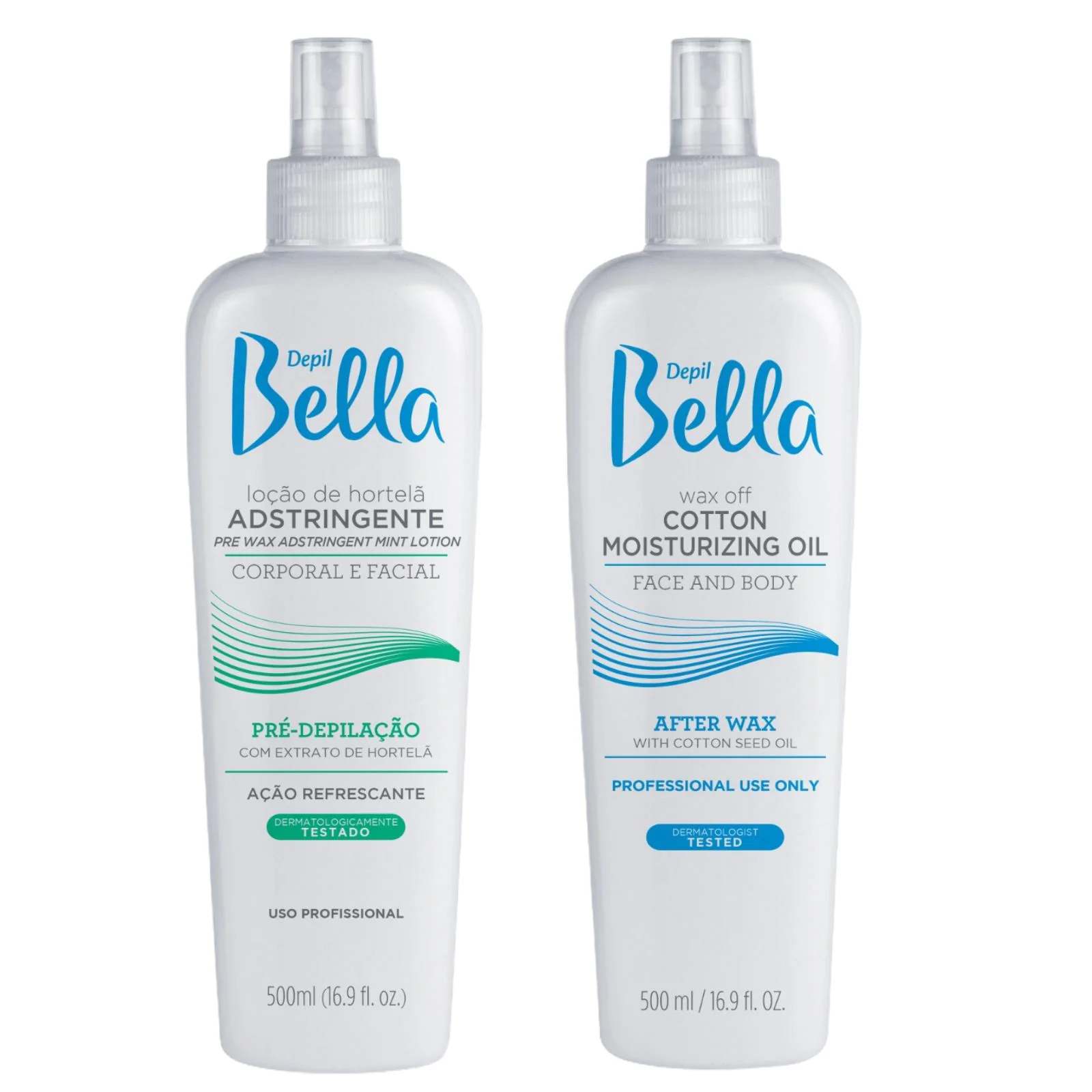 Kit Depil Bella, 1 unit Post Waxing Oil Remover and 1 unit Pre Waxing Astringent.